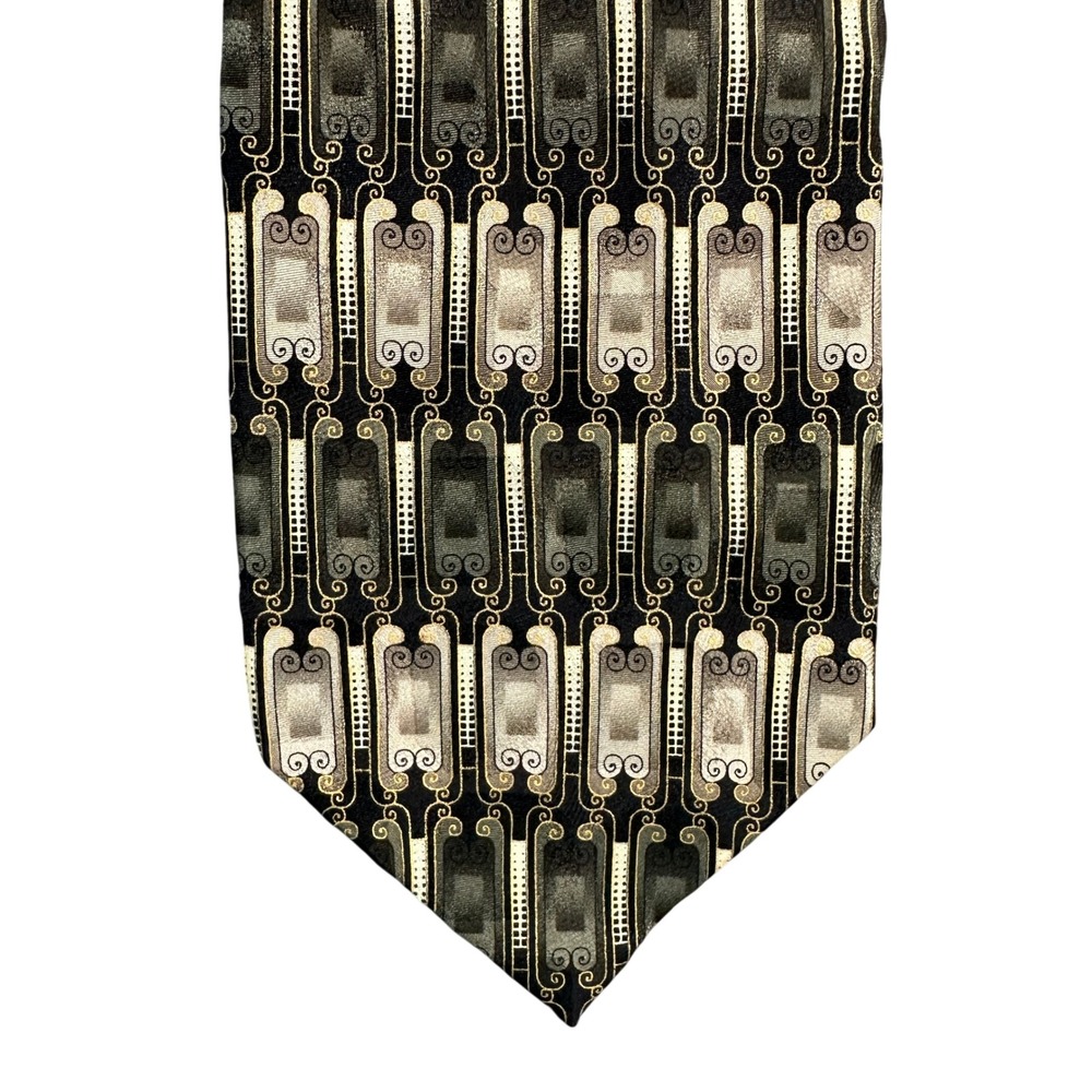 Mosaic Mens Silk Tie Black Olive Gold Geometric Art Deco Hand Made Korea 58x3.75